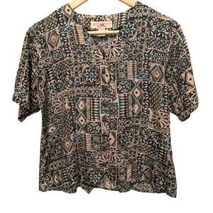Vintage Stunt Geo Hawaiian Print Shirt Blue Button Front‎ Tropical Retro Silk